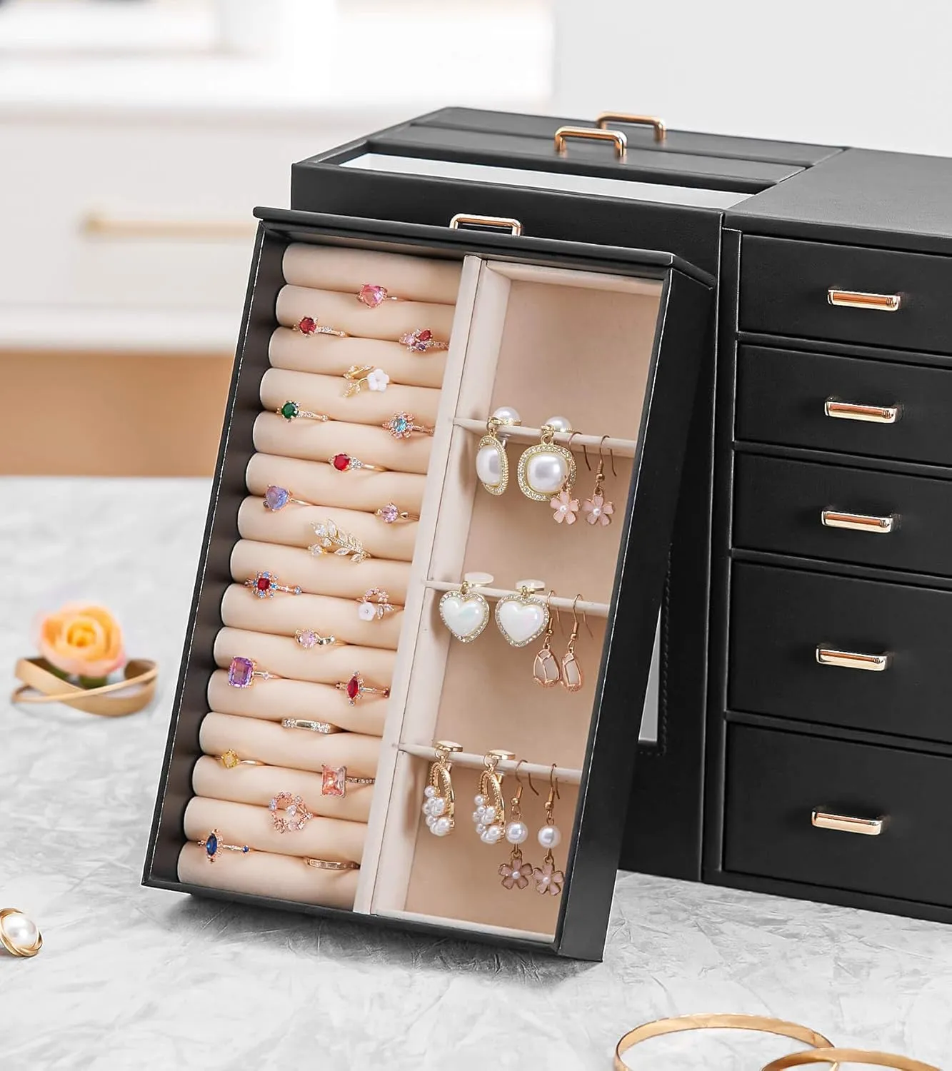 Homde Large Jewelry Box/Organizer/Case with Glass Window, Drawers for Necklaces Earrings Rings Bracelets Watches Gift for Women Girls