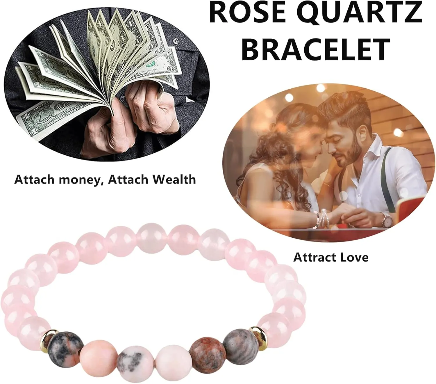 HOZEAL Rose Quartz Pink Opal Peru Crystal Bracelet, Love Friendship Crystal Stone Chakra Bracelet, Business Money Energy Wealth Good Luck Prosperity Feng Shui Beaded Bracelet for Men Women