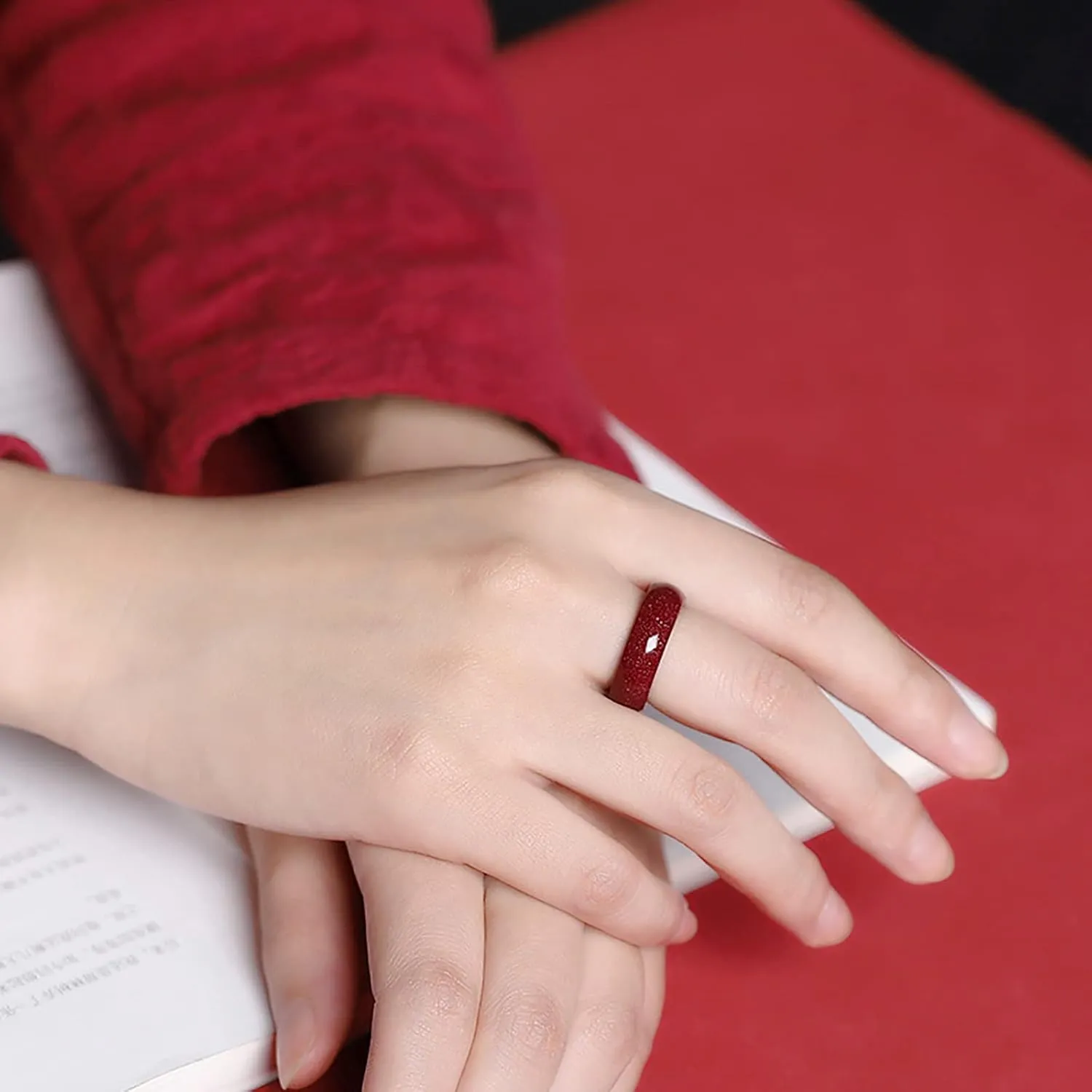 HUJUON Natural Cinnabar Stone Rings for Women Men,Red Cinnabar Gemstone Feng Shui Good Lucky Rings Protection Amulet Rings Couple Jewelry Gifts