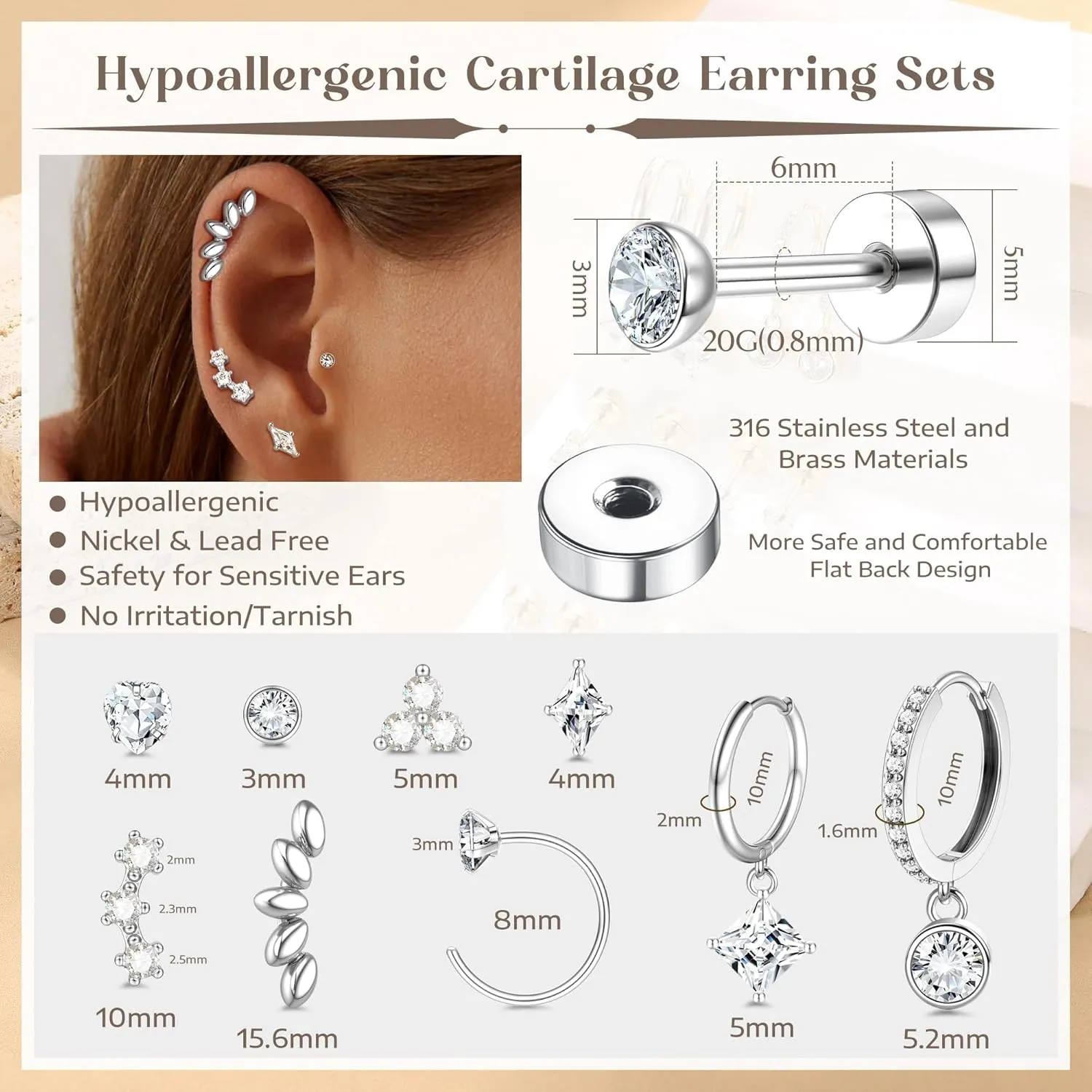 Hypoallergenic Gold Huggie Hoop Earrings Flat Back Earrings for Women Men Stainless Steel Cartilage Hoop Stud Earring Set for Multiple Piercing Small Flatback Tragus Helix Piercing Jewelry for Sensitive Ears