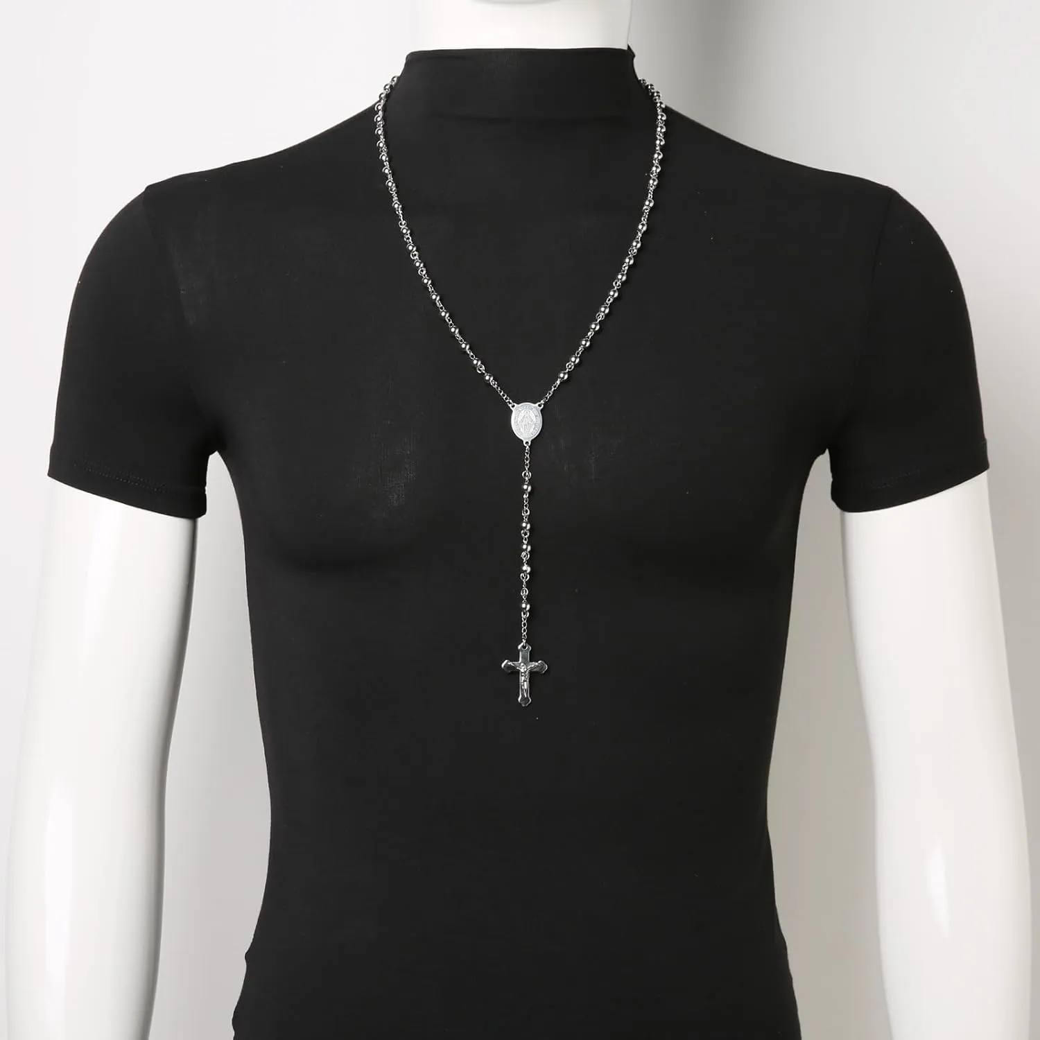 HZMAN Rosary Beads Cross Necklace for Women Stainless Steel Heavy Crucifix Virgin Mary Y Shape Necklaces Jewelry