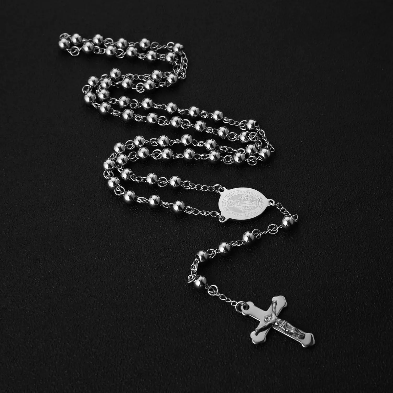 HZMAN Rosary Beads Cross Necklace for Women Stainless Steel Heavy Crucifix Virgin Mary Y Shape Necklaces Jewelry