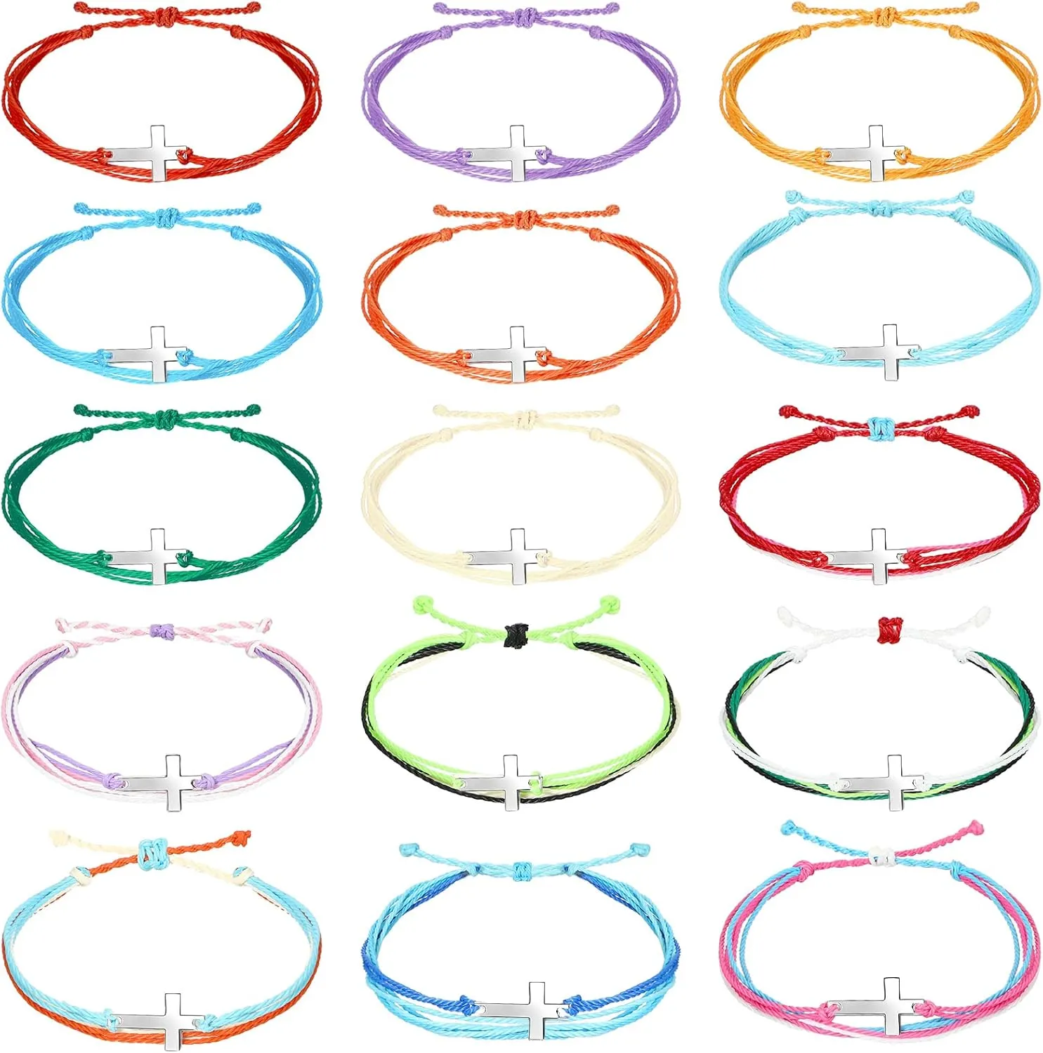 Inbagi 30 Pcs Friendship String Rope Cross Bracelet for Women Men, Adjustable Christian Nylon Rope Handmade Braided Cross Bracelet for Christian Party Favors, 15 Colors