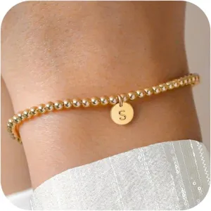 Initial Bracelet for Women Teen Girls - 18K Gold Plated Cute Beaded Initial Bracelet for Women Girls Gifts Charm Disc Bracelet Dainty Gold Bracelet for Women Trendy Gold Jewelry