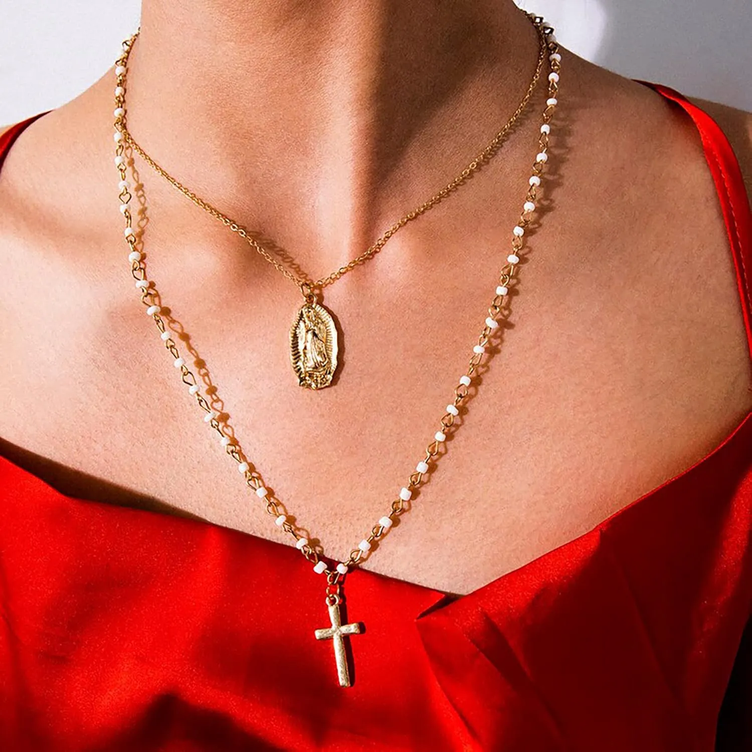 itianxi Dainty Cross Charm Pendant Necklaces,14K Gold Tiny Three Ball Necklace,Simple Fashion Jewelry for Women