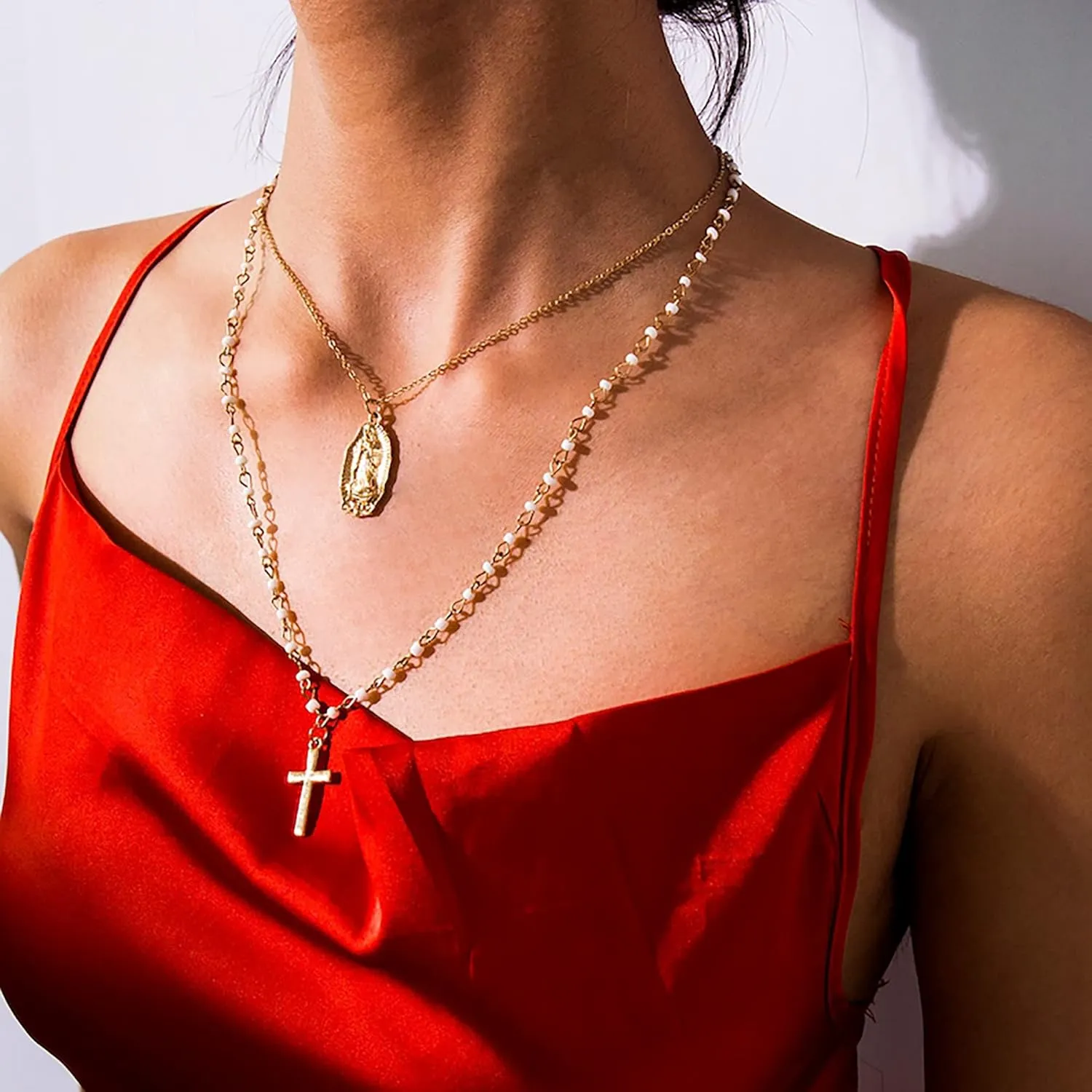 itianxi Dainty Cross Charm Pendant Necklaces,14K Gold Tiny Three Ball Necklace,Simple Fashion Jewelry for Women