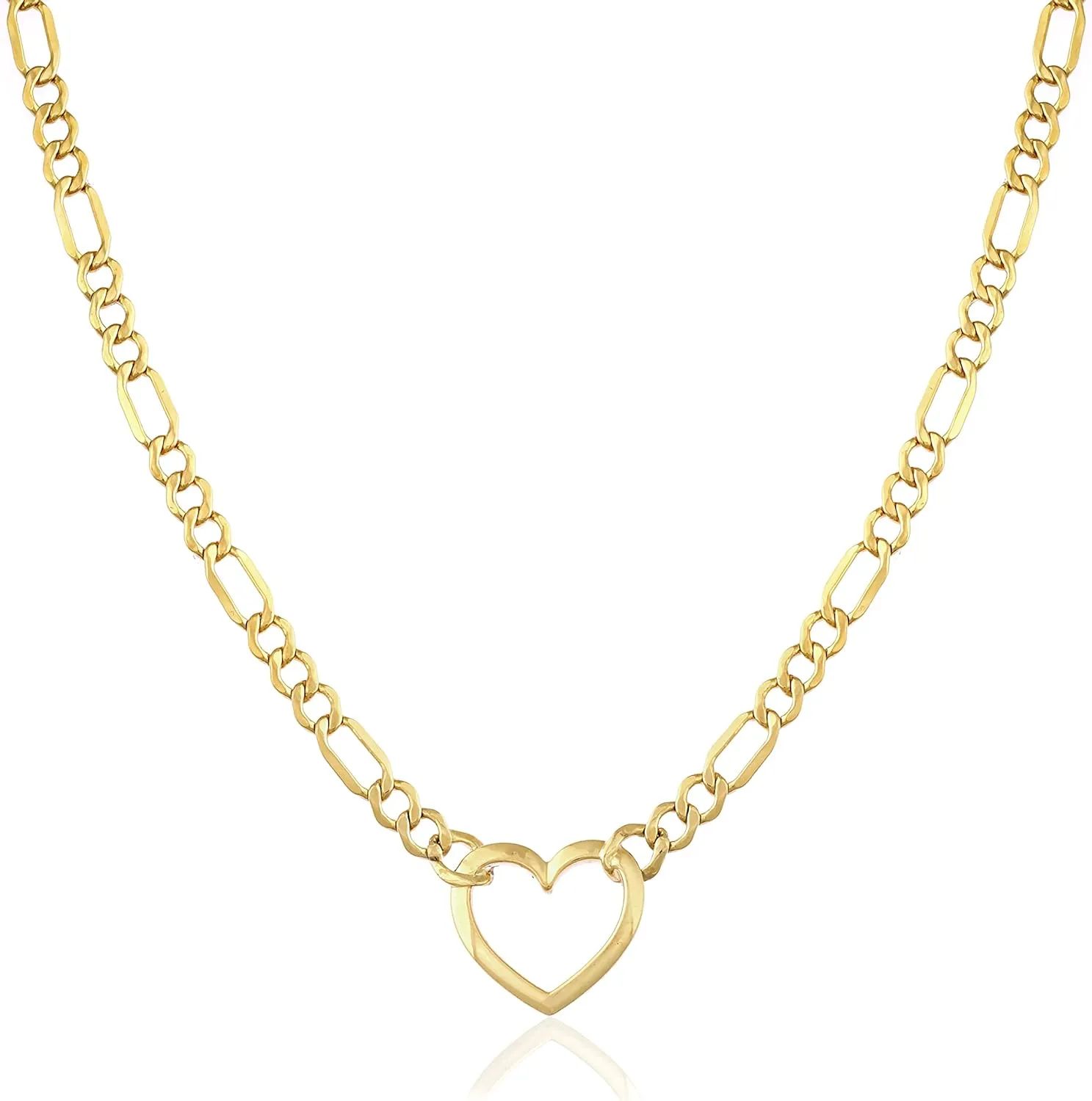 Jewelry Atelier Gold Filled Figaro Heart Necklaces  14K Yellow Gold Filled Heart Pendant with Solid Figaro Chain for Women with Different Sizes (2.7mm, 4.5mm)