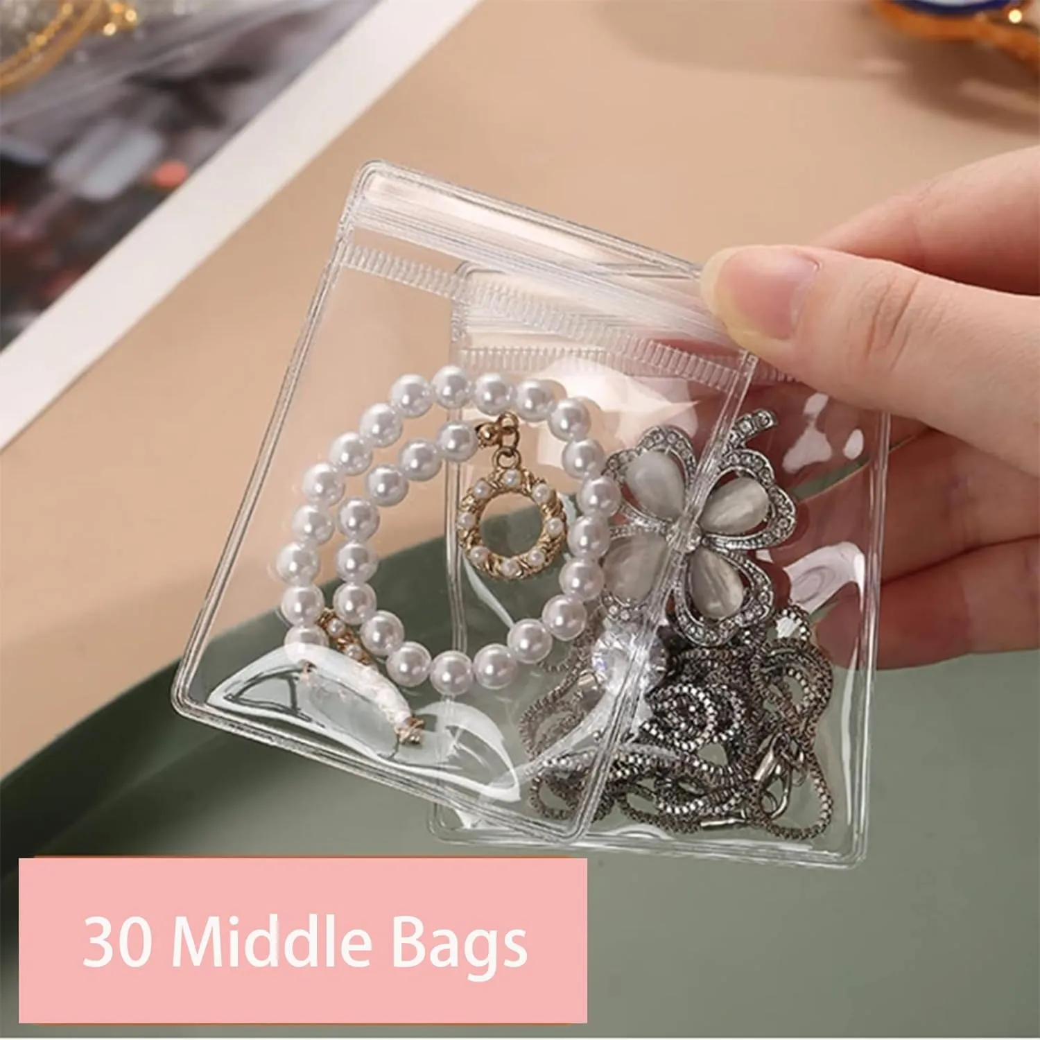 Jewelry Box Organizer, Women Girls Clear Acrylic Jewelry Organizer and Storage with 30 Middle Bags for Earring, Rings, Necklaces Bracelets
