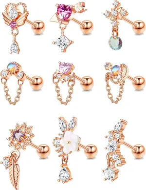 JOERICA 9 Pcs 16G Dangle Cartilage Earrings for Women Stainless Steel Stud Earrings Heart Arrow Feather Snowflake Wing CZ Dangling Cartilage Earrings Tragus Conch Helix Piercing Jewelry