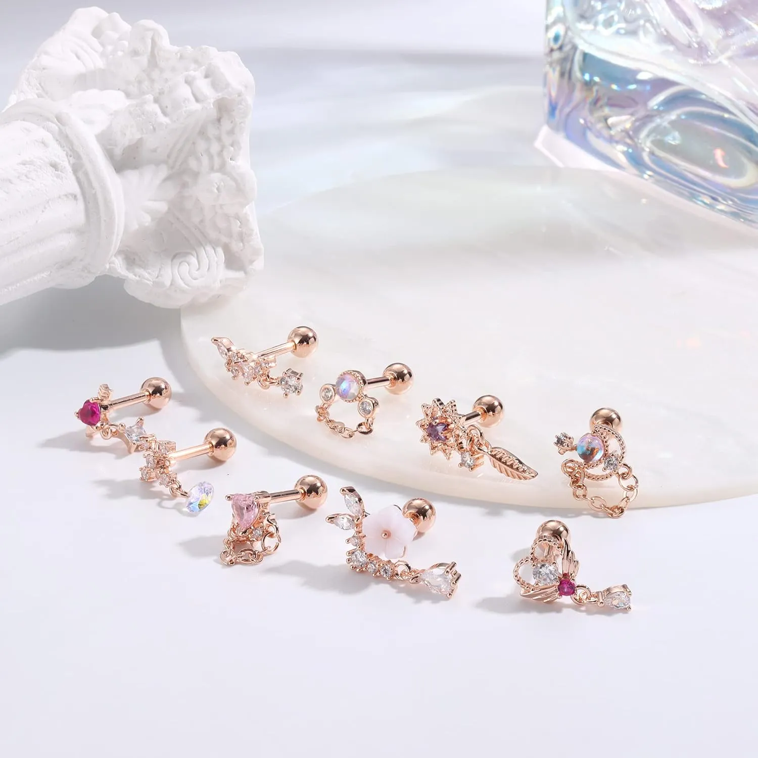 JOERICA 9 Pcs 16G Dangle Cartilage Earrings for Women Stainless Steel Stud Earrings Heart Arrow Feather Snowflake Wing CZ Dangling Cartilage Earrings Tragus Conch Helix Piercing Jewelry