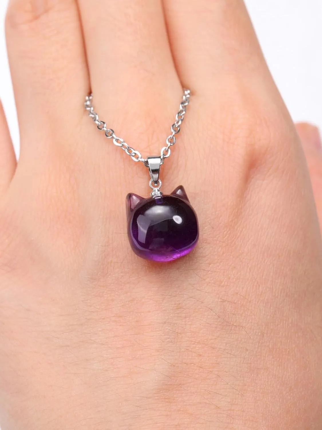 Jovivi Cat Gifts Necklace Natural Amethyst Rose Quartz Healing Crystal Stones Pendant Necklaces for Women Men Gemstone Mini Cute Animal Cat Jewelry Gifts