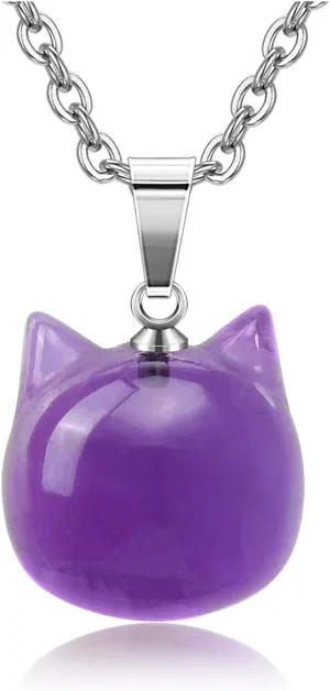 Jovivi Cat Gifts Necklace Natural Amethyst Rose Quartz Healing Crystal Stones Pendant Necklaces for Women Men Gemstone Mini Cute Animal Cat Jewelry Gifts