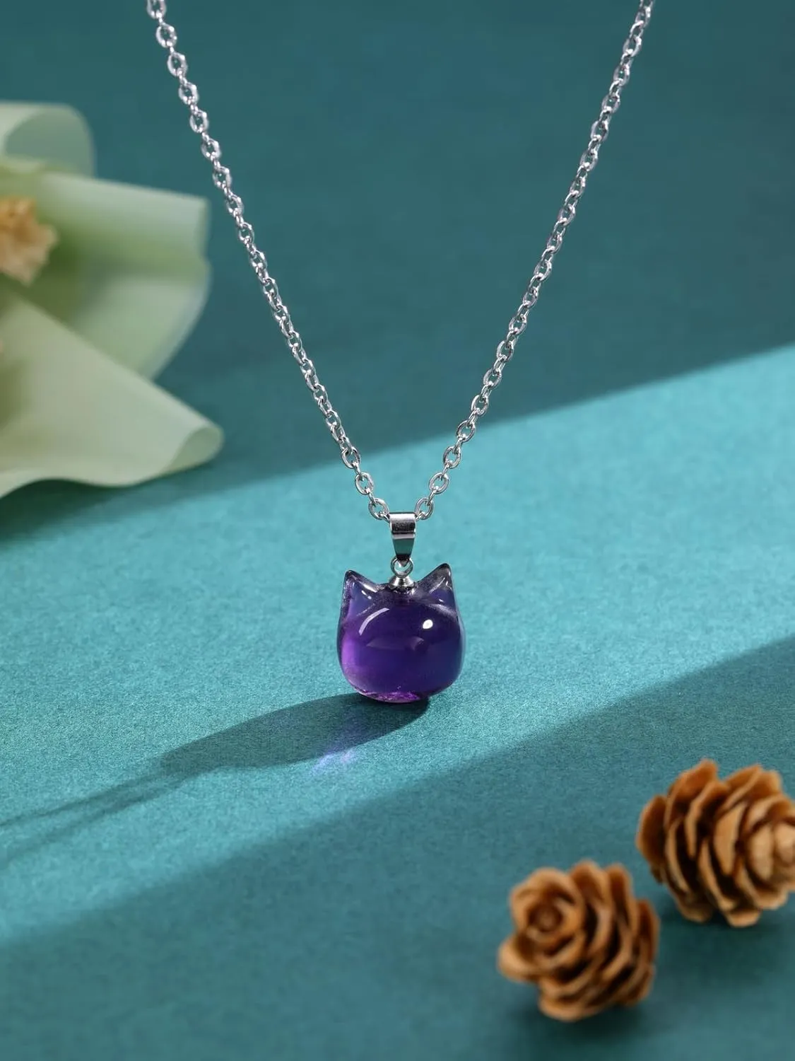 Jovivi Cat Gifts Necklace Natural Amethyst Rose Quartz Healing Crystal Stones Pendant Necklaces for Women Men Gemstone Mini Cute Animal Cat Jewelry Gifts