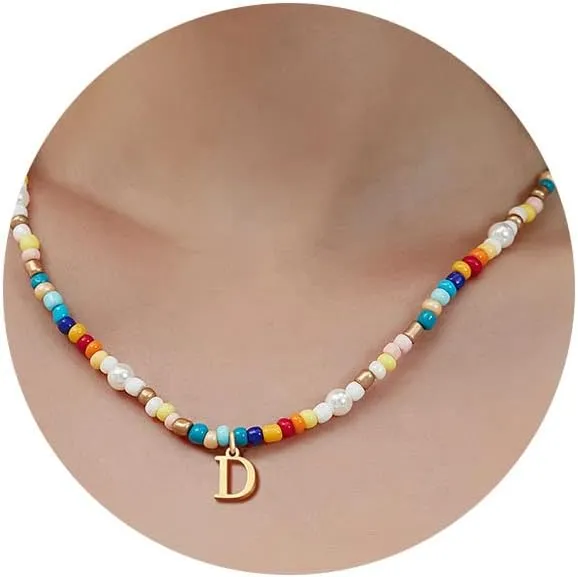 JSJOY Colorful Beaded Initial Necklace for Women, Y2K Rainbow Beaded Choker with Gold A-Z Letter Pendant Summer Jewelry Gift Handmade Boho Beaded Initial Necklace for Teens Trendy
