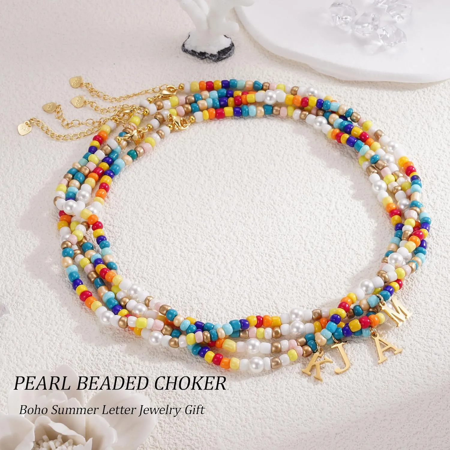 JSJOY Colorful Beaded Initial Necklace for Women, Y2K Rainbow Beaded Choker with Gold A-Z Letter Pendant Summer Jewelry Gift Handmade Boho Beaded Initial Necklace for Teens Trendy
