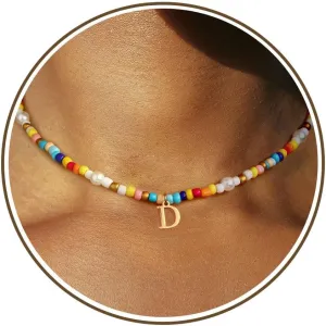JSJOY Colorful Beaded Initial Necklace for Women, Y2K Rainbow Beaded Choker with Gold A-Z Letter Pendant Summer Jewelry Gift Handmade Boho Beaded Initial Necklace for Teens Trendy