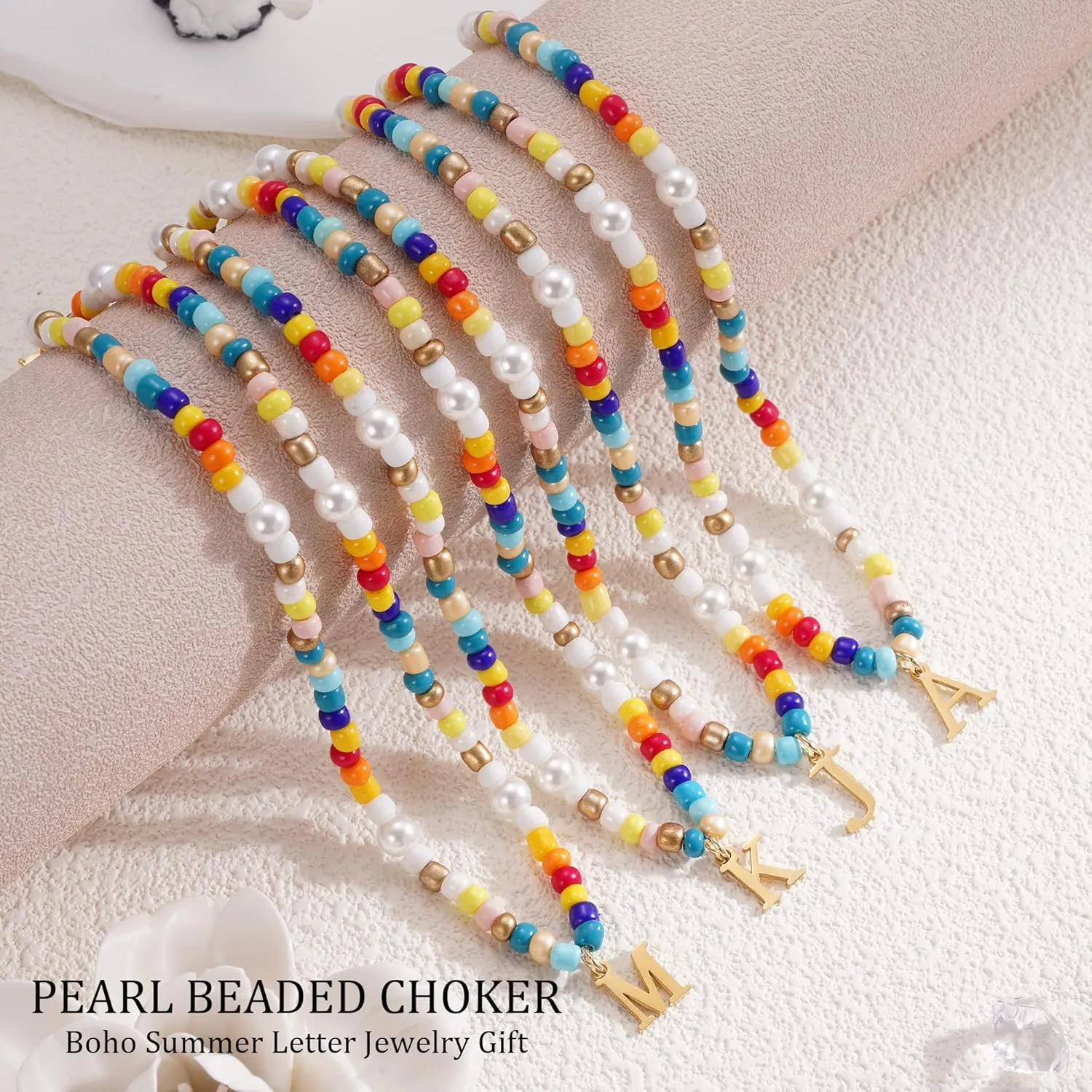 JSJOY Colorful Beaded Initial Necklace for Women, Y2K Rainbow Beaded Choker with Gold A-Z Letter Pendant Summer Jewelry Gift Handmade Boho Beaded Initial Necklace for Teens Trendy