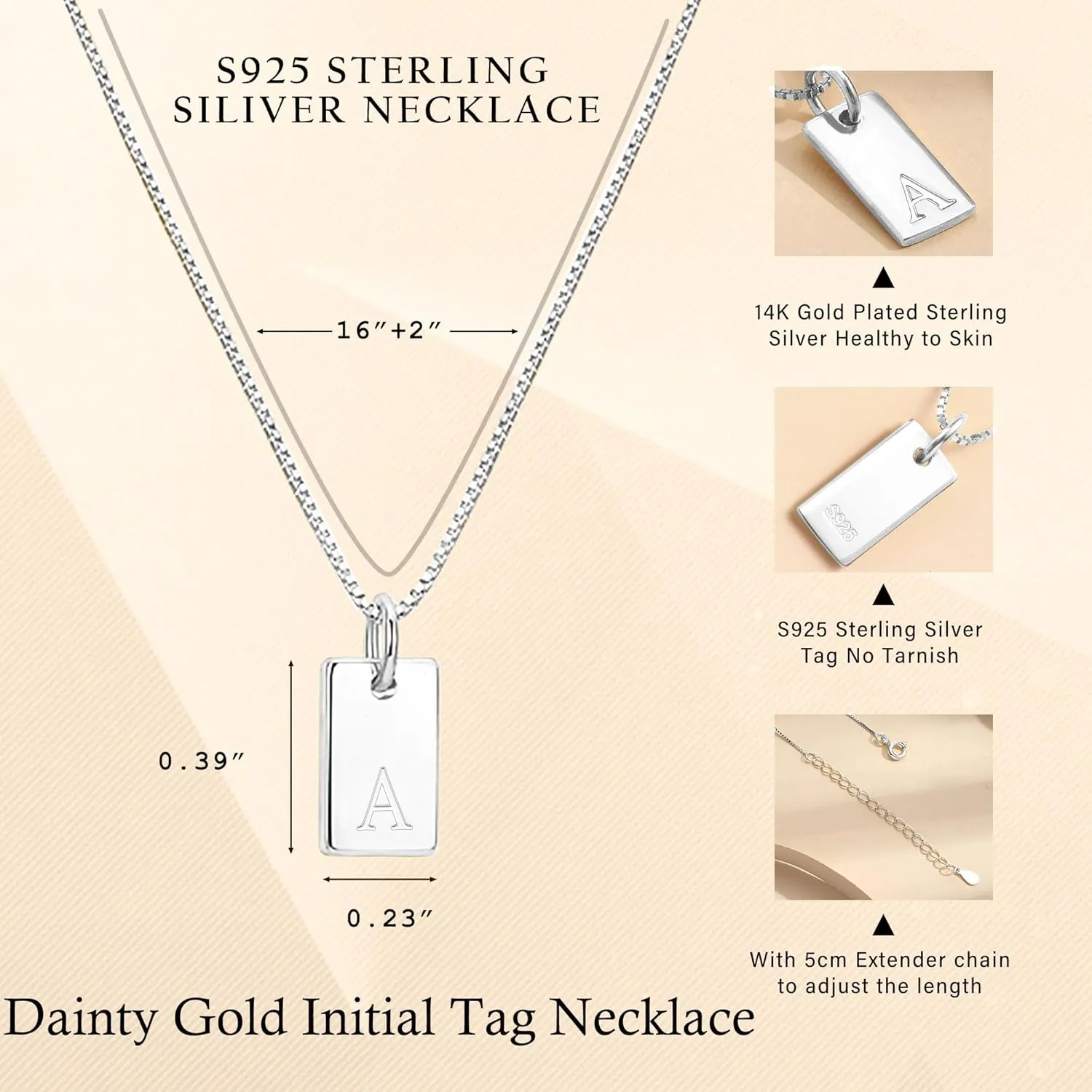 JSJOY S925 Sterling Silver Initial Necklaces for Women 14K Gold Plated Dainty Letter Name Necklace Personalized Tag Necklace for Women Trendy Pendant Jewelry Gifts