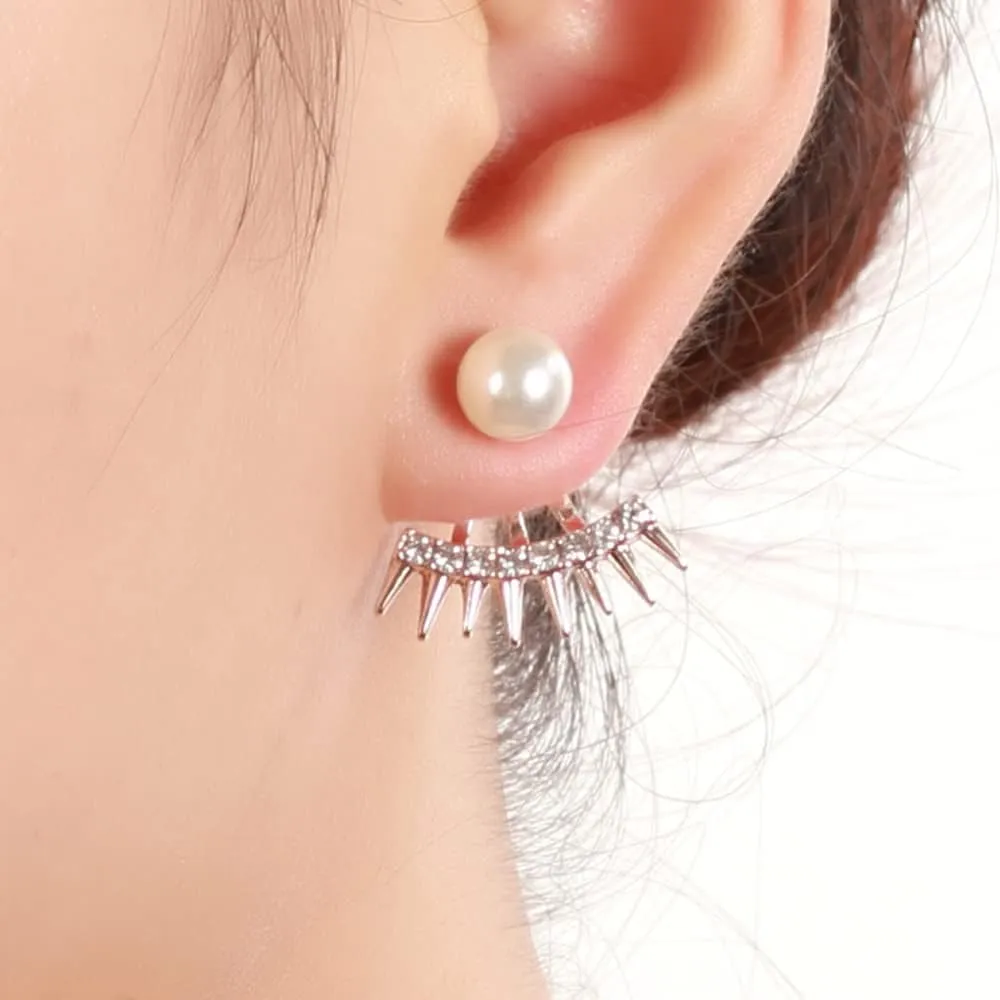 Jumwrit Spike Ear Jacket Earrings Pearl Stud Earrings Front Back Dangle Earrings Rhinestone Jacket Cuff Earrings for Women Minimalist Earrings(Silver)