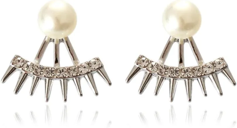 Jumwrit Spike Ear Jacket Earrings Pearl Stud Earrings Front Back Dangle Earrings Rhinestone Jacket Cuff Earrings for Women Minimalist Earrings(Silver)
