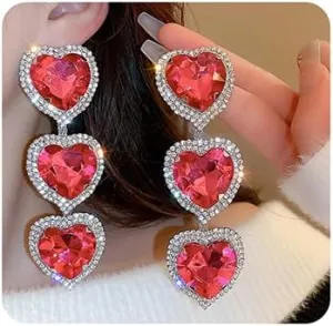 Jumwrit Vintage Red Rhinestone Love Heart Drop Dangle Earrings Shiny Long Chunky Chain Rectangle Geometry Earrings Dainty Bridal Wedding Statement Sparkle Chandelier Earrings for Women (Style 1)