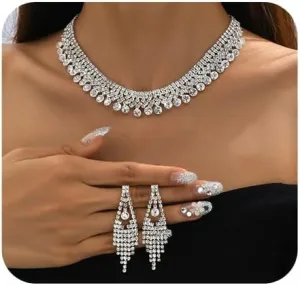 JWICOS Bride Wedding Necklace Earrings Set Silver Rhinestones Necklaces Bridal Crystal Jewelry Set Accessories for Women (Style 2)