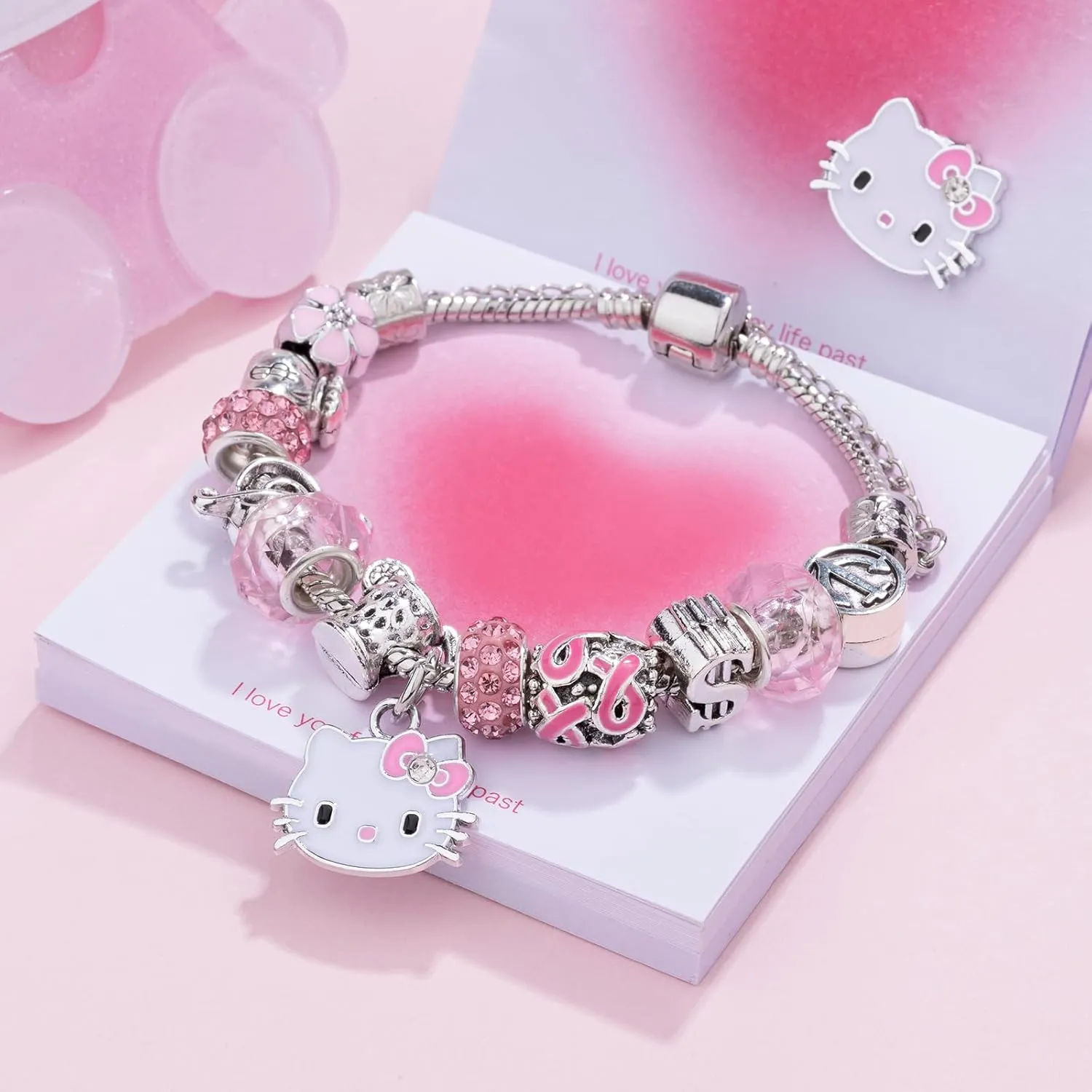 Kawaii Bracelet Gift, Adjustable Stainless Steel bracelet, Pink cute adjustable stainless steel bracelet Classic cartoon design jewelry chain, Christmas Birthday Gifts for Women