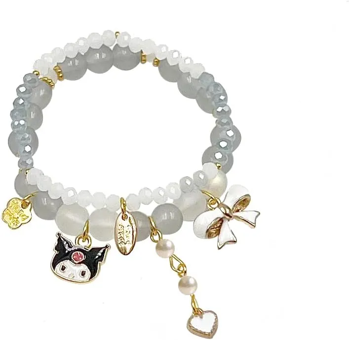 Kawaii Bracelets Kuromi Bracelet Cinnamoroll Crystal Beads Bracelet Set Cute Cartoon Elastic Beaded Pearl Bracelets Jewelry Christmas Stocking Stuffers for Women Bff Friendship (Grey)