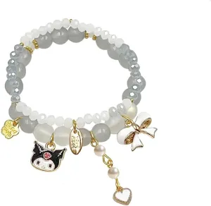 Kawaii Bracelets Kuromi Bracelet Cinnamoroll Crystal Beads Bracelet Set Cute Cartoon Elastic Beaded Pearl Bracelets Jewelry Christmas Stocking Stuffers for Women Bff Friendship (Grey)