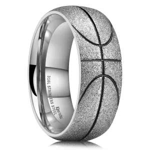 King Will Stainless Steel Men's Ring, Basketball Men's Wedding Ring, 8mm Arc Design with Etched Basketball Pattern, Aged Silver/Gold Finish with Black Grooves, Size 7-14