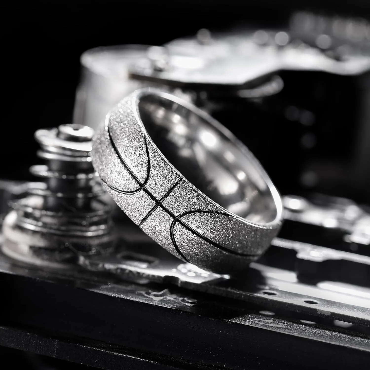King Will Stainless Steel Men's Ring, Basketball Men's Wedding Ring, 8mm Arc Design with Etched Basketball Pattern, Aged Silver/Gold Finish with Black Grooves, Size 7-14