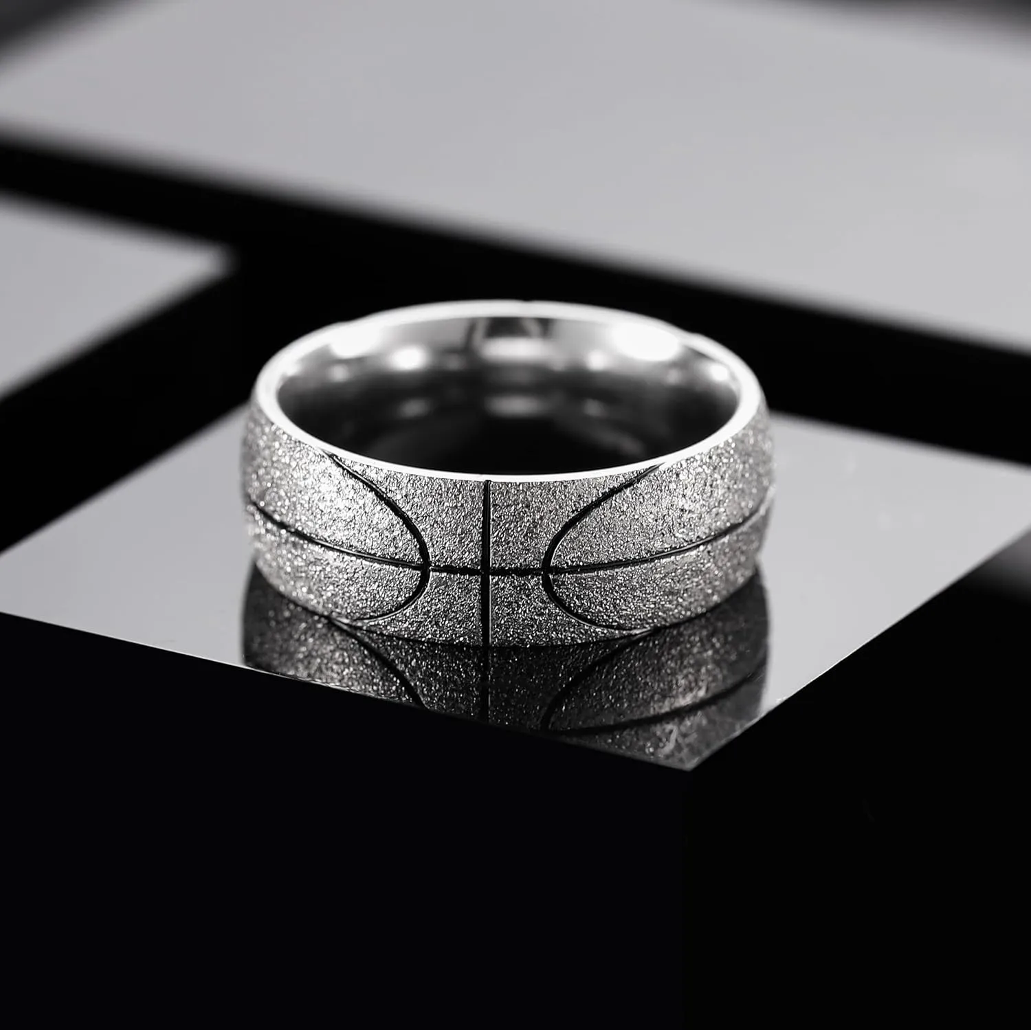 King Will Stainless Steel Men's Ring, Basketball Men's Wedding Ring, 8mm Arc Design with Etched Basketball Pattern, Aged Silver/Gold Finish with Black Grooves, Size 7-14