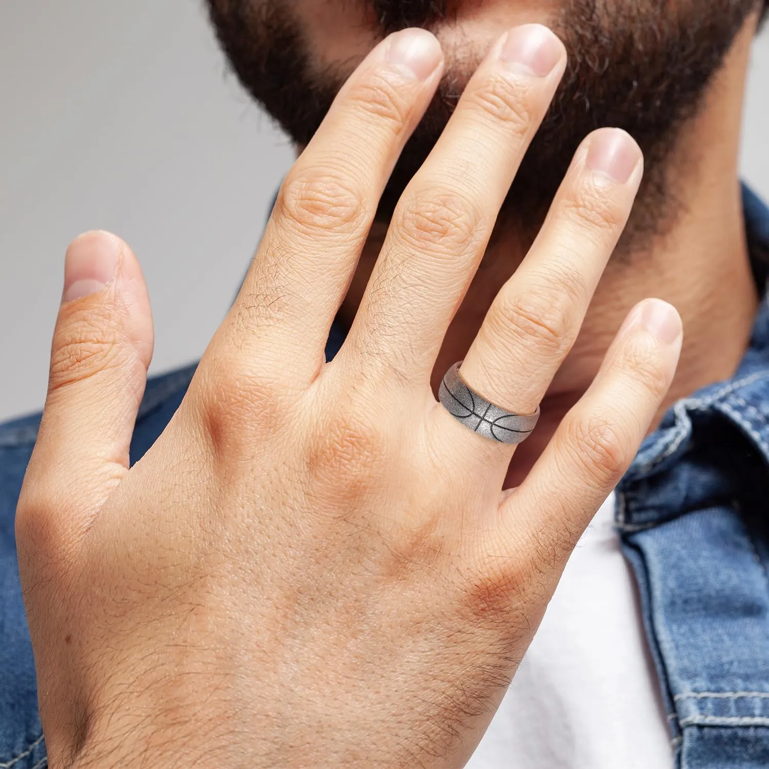 King Will Stainless Steel Men's Ring, Basketball Men's Wedding Ring, 8mm Arc Design with Etched Basketball Pattern, Aged Silver/Gold Finish with Black Grooves, Size 7-14