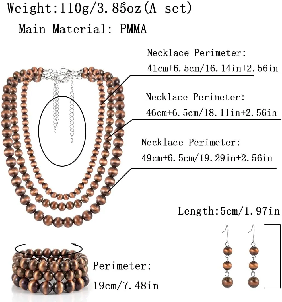 KOSMOS-LI Western Style Multi Layer Necklaces Bracelet Earrings Faux Navajo Cowgirl Beaded Women Jewelry Sets