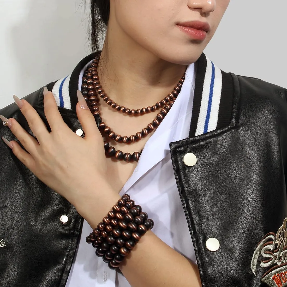KOSMOS-LI Western Style Multi Layer Necklaces Bracelet Earrings Faux Navajo Cowgirl Beaded Women Jewelry Sets