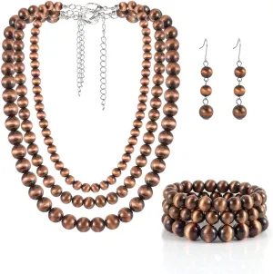 KOSMOS-LI Western Style Multi Layer Necklaces Bracelet Earrings Faux Navajo Cowgirl Beaded Women Jewelry Sets