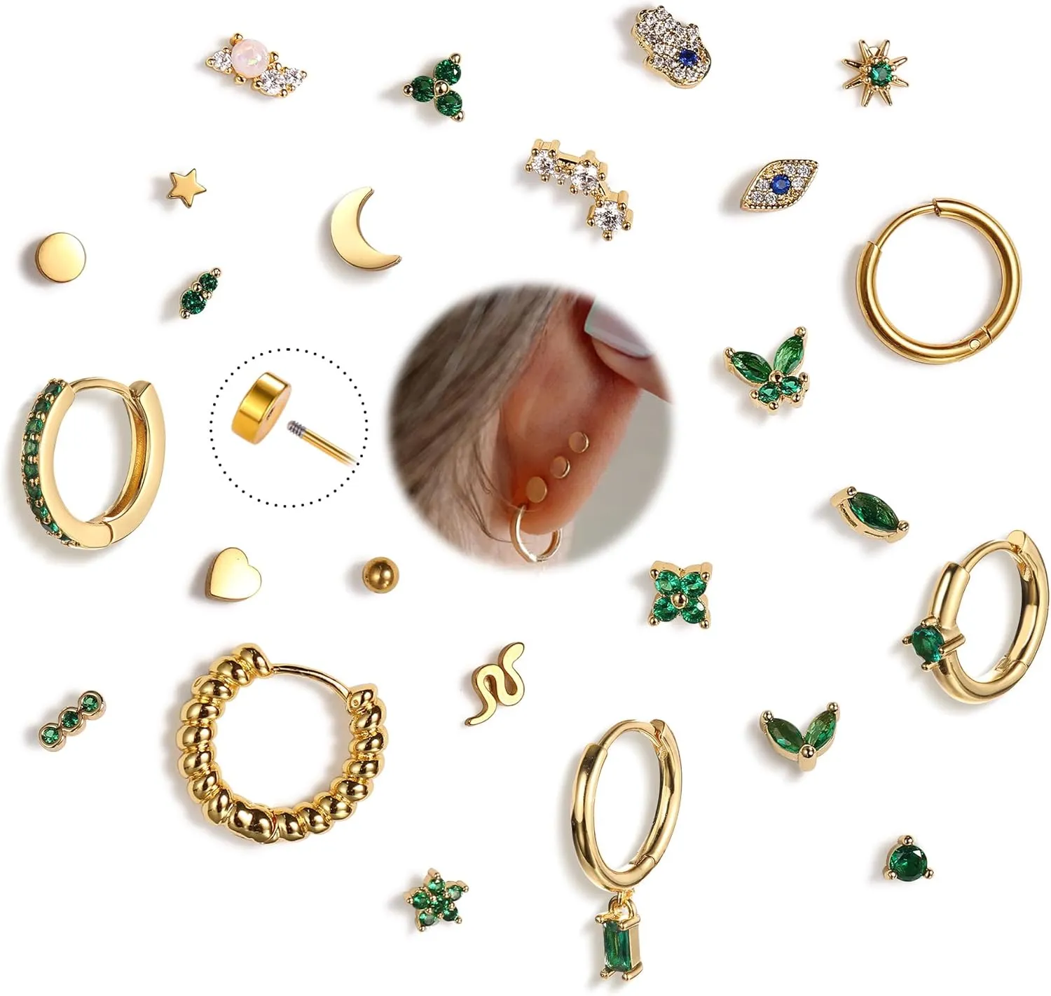 KRFY 25Pcs Hypoallergenic Surgical Steel Earrings for Sensitive Ears 14K Gold Plated Flat Back Cartilage Earrings for Women Men Screw Back Flatback Stud Hoop Earring Set for Multiple Piercing