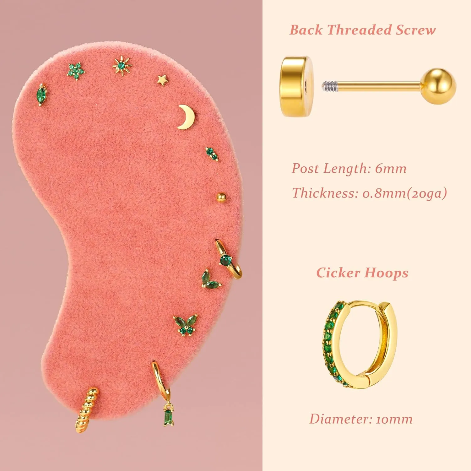 KRFY 25Pcs Hypoallergenic Surgical Steel Earrings for Sensitive Ears 14K Gold Plated Flat Back Cartilage Earrings for Women Men Screw Back Flatback Stud Hoop Earring Set for Multiple Piercing
