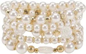 KZL Chunky Imitation Pearl Stackable Stretch Bracelet Set for Women 14K Gold Plated Beaded Stack Bracelets Layered Pearl Elastic Bracelets Wedding Jewelry Gifts