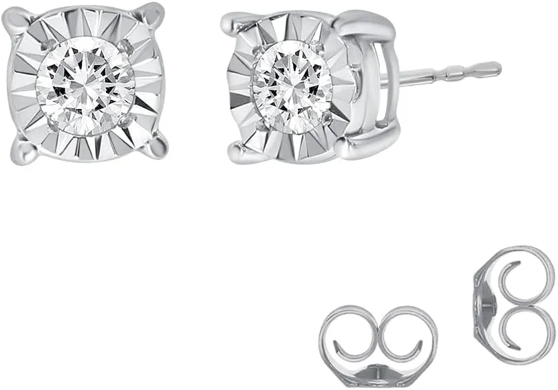 Lab Grown Diamond Stud Earrings for Women and Men | White Gold Plated Real 925 Sterling Silver Diamond Earrings | 1/10-1/2 CT. TW. GH VS/SI Illusion Set Diamond Studs