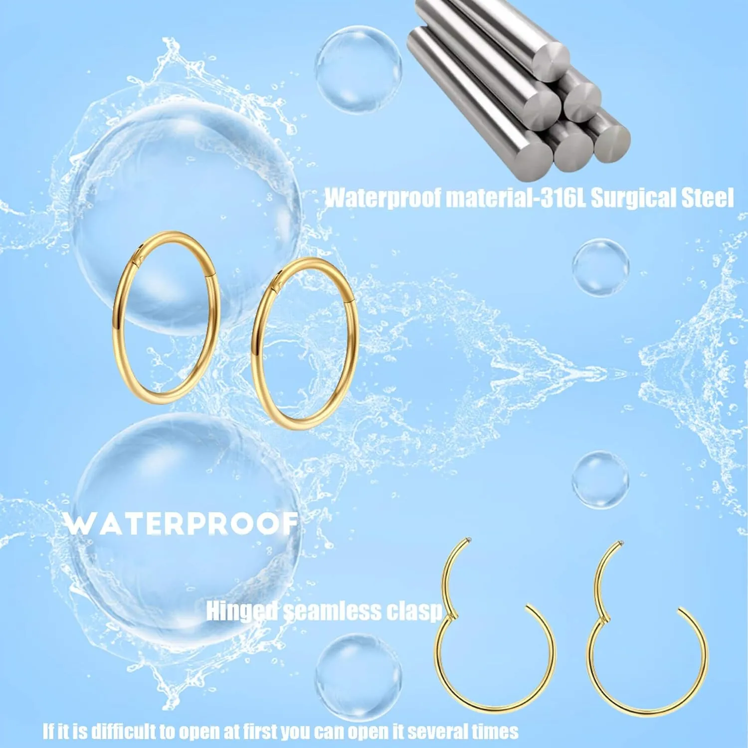 Lantine Golden Hinged 20g 18g 16g Nose Rings Hoops 6mm 8mm 10mm 12mm 14mm 16mm Septum Ring Clicker Cartilage Helix Hoop Earrings Set