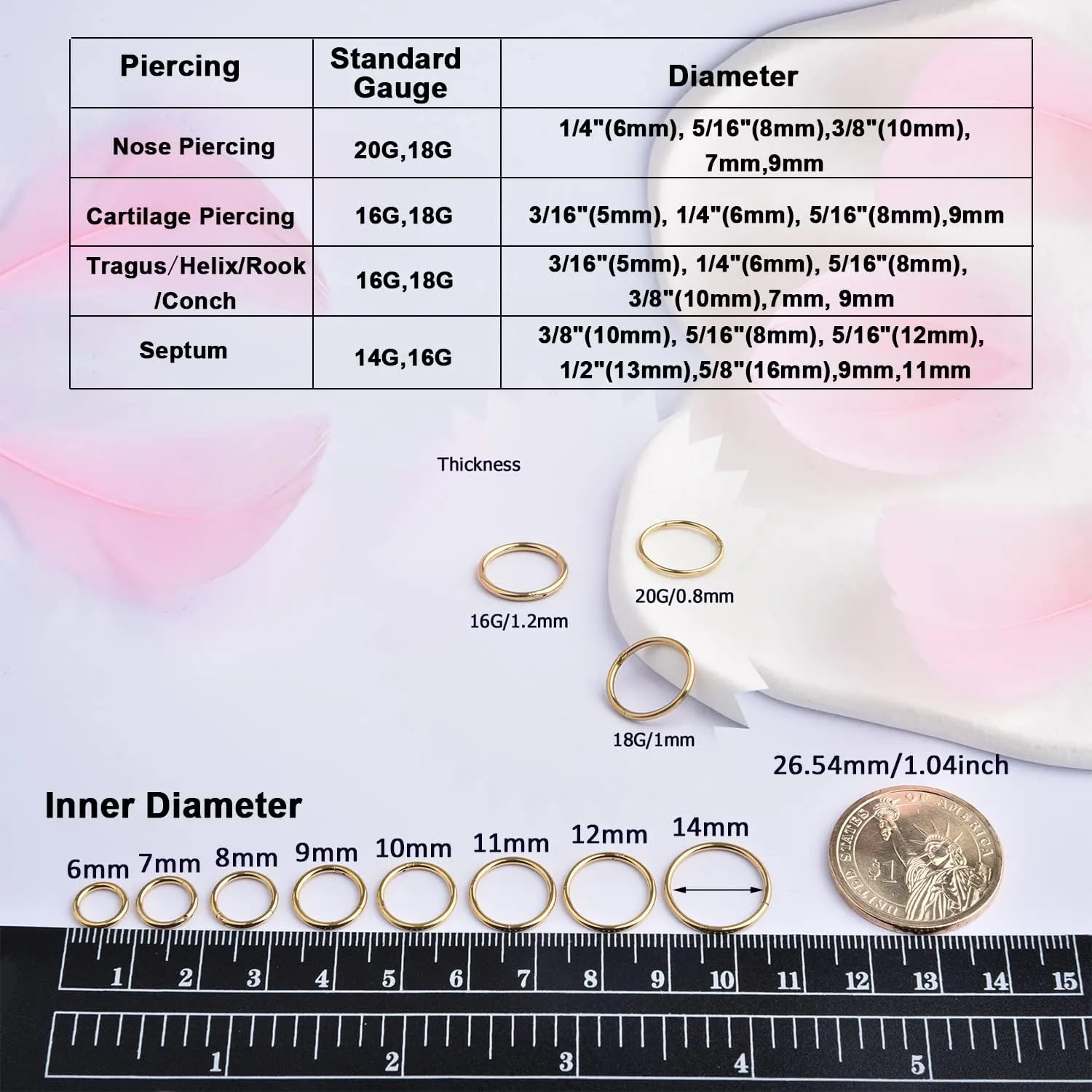 Lantine Golden Hinged 20g 18g 16g Nose Rings Hoops 6mm 8mm 10mm 12mm 14mm 16mm Septum Ring Clicker Cartilage Helix Hoop Earrings Set