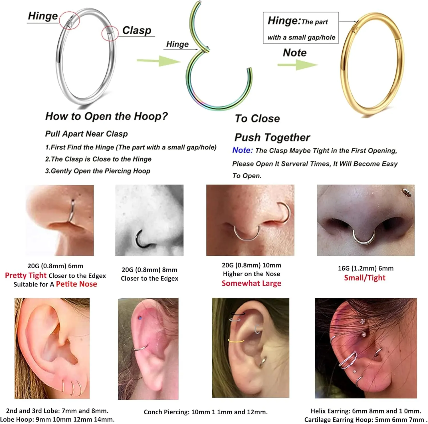 Lantine Golden Hinged 20g 18g 16g Nose Rings Hoops 6mm 8mm 10mm 12mm 14mm 16mm Septum Ring Clicker Cartilage Helix Hoop Earrings Set