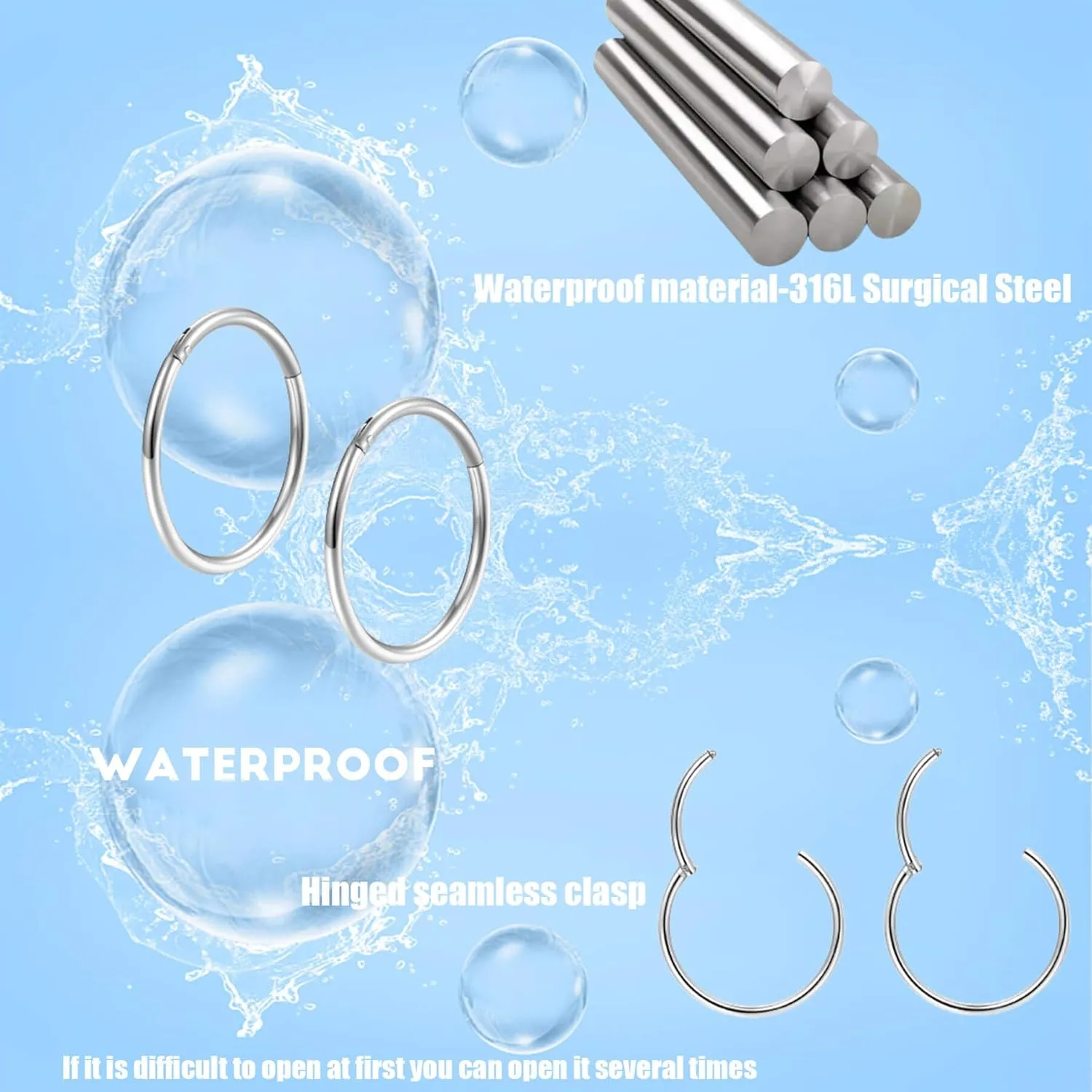 Lantine Hinged 20g 18g 16g Nose Rings Hoops 6mm 8mm 10mm 12mm 14mm 16mm Septum Ring Clicker Cartilage Helix Hoop Earrings Set
