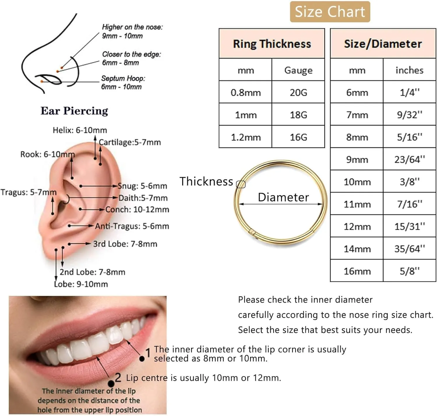 Lantine Hinged 20g 18g 16g Nose Rings Hoops 6mm 8mm 10mm 12mm 14mm 16mm Septum Ring Clicker Cartilage Helix Hoop Earrings Set