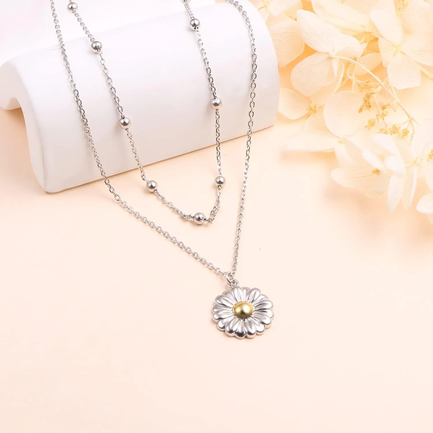 Layered Choker Necklace S925 Sterling Silver Star Full Moon Daisy Flower Pendant Disc Jewelry Adjustable Clavicle Necklaces for Women Girls Birthday Gifts