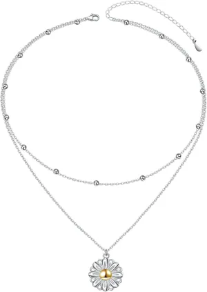 Layered Choker Necklace S925 Sterling Silver Star Full Moon Daisy Flower Pendant Disc Jewelry Adjustable Clavicle Necklaces for Women Girls Birthday Gifts