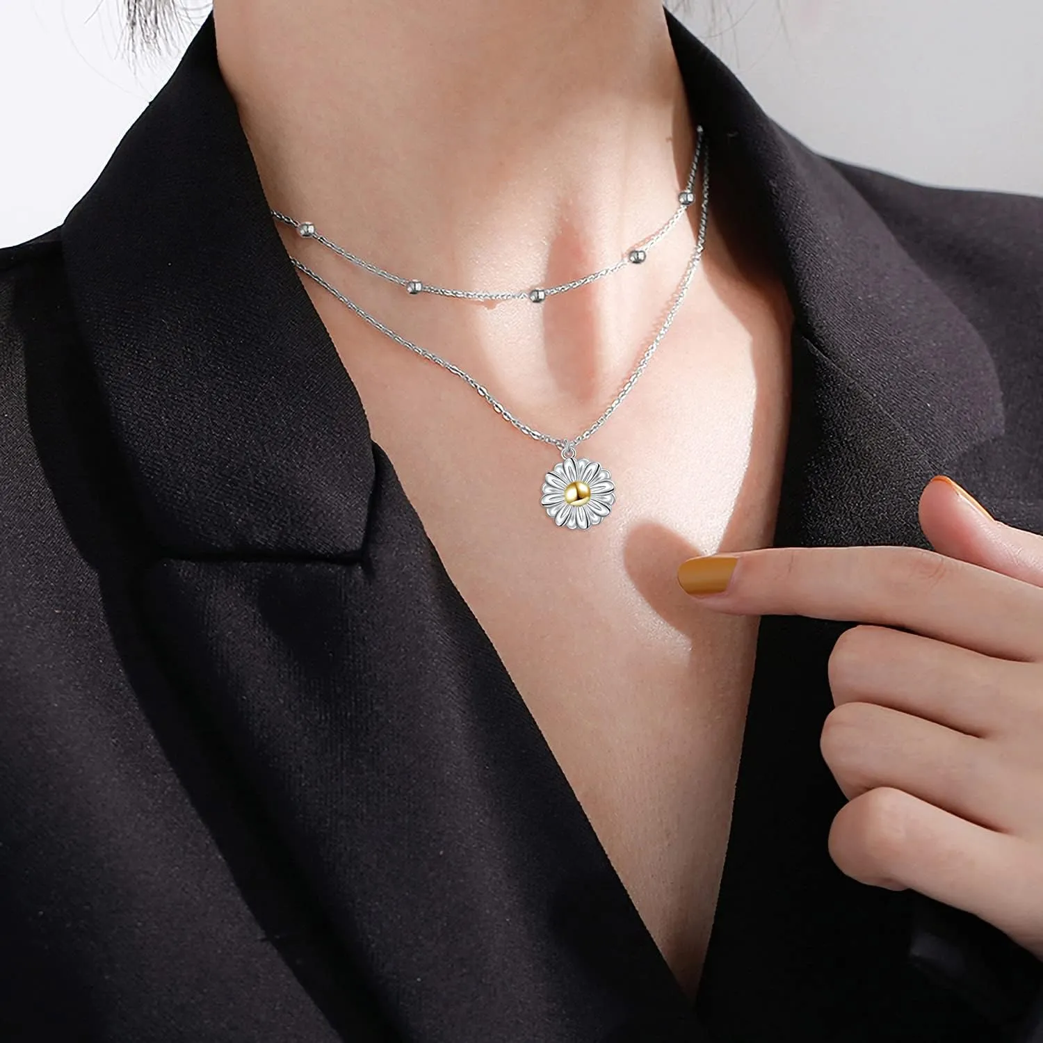 Layered Choker Necklace S925 Sterling Silver Star Full Moon Daisy Flower Pendant Disc Jewelry Adjustable Clavicle Necklaces for Women Girls Birthday Gifts