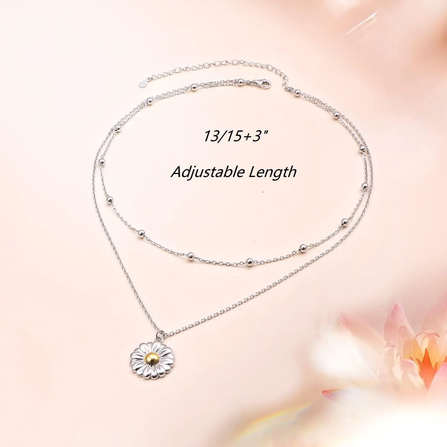 Layered Choker Necklace S925 Sterling Silver Star Full Moon Daisy Flower Pendant Disc Jewelry Adjustable Clavicle Necklaces for Women Girls Birthday Gifts