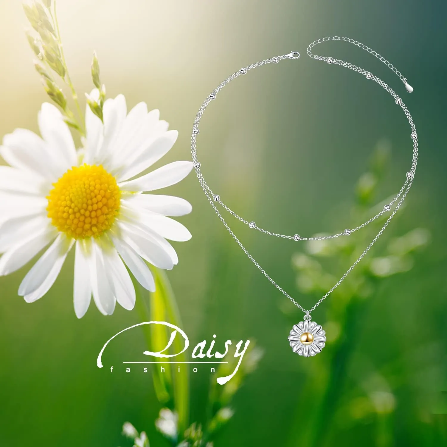 Layered Choker Necklace S925 Sterling Silver Star Full Moon Daisy Flower Pendant Disc Jewelry Adjustable Clavicle Necklaces for Women Girls Birthday Gifts